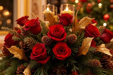 Decoración floral extravagante para una gala navideña con flores rojas y doradas