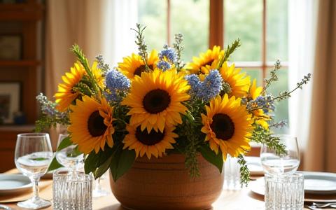 Centro de mesa con girasoles y flores de temporada para cumpleaños
