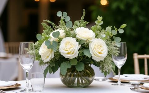 Arreglo floral elegante para boda con rosas blancas en un salón majestuoso
