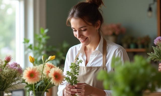 Florista trabajando en un arreglo floral personalizado