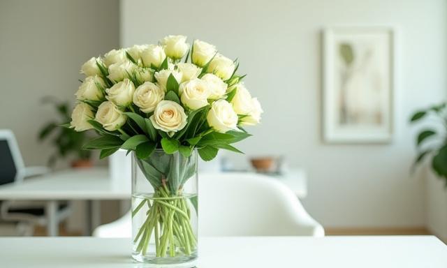 Arreglo floral en un jarrón elegante dentro de un ambiente de oficina moderno