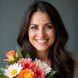 Retrato sonriente de Sofía Gómez, diseñadora floral principal de Aurora Floralia, sosteniendo un hermoso ramo.